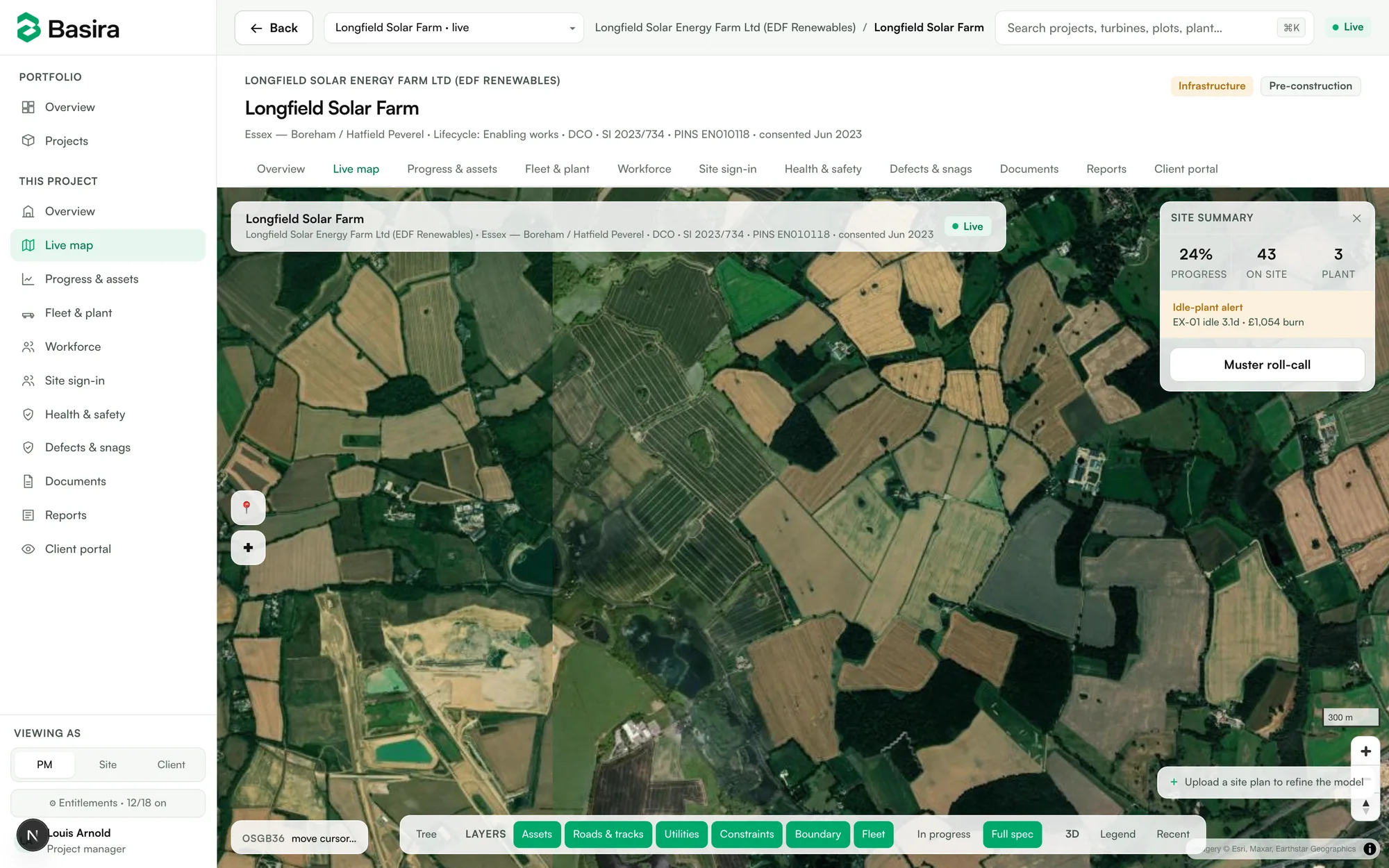 Basira's live map showing substation and BESS assets on the Longfield demo